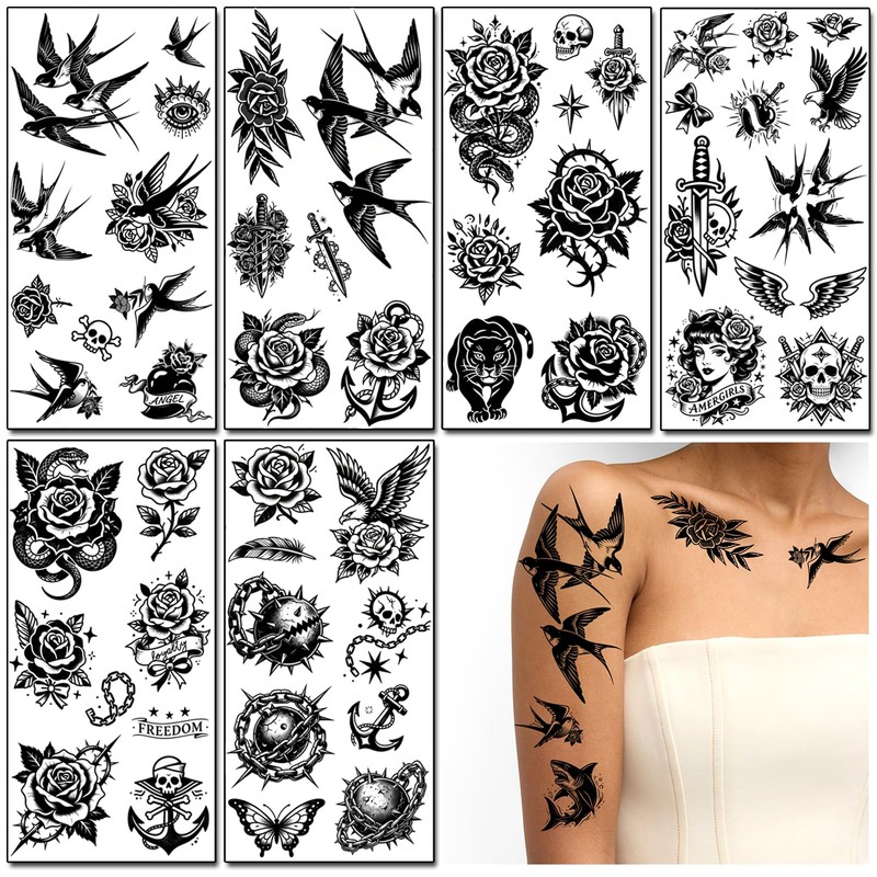 Black Temporary Tattoos Set, Old School Style, 12 Sheets