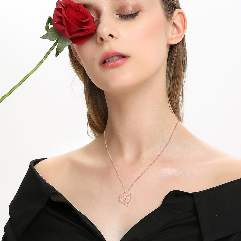 CHENGHONG Rose Necklace 925 Sterling Silver Rose Flower Necklace Heart
