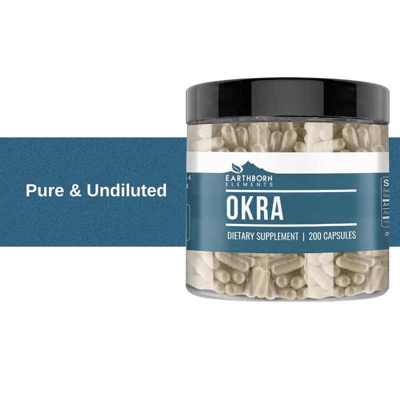 Earthborn Elements Okra Extract 200 Capsules, Pure & Undiluted, No