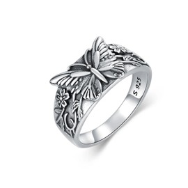 Shusukue Gothic Butterfly Ring Sterling Silver Butterfly Flower Leaf Ring Y2k Ring Retro Vintage Animal Band Ring Boho Ring Punk Butterfly Jewelry Gifts for Women Men Size 7
