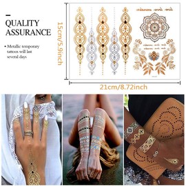 Tattoo Waterproof Metallic Temporary Tattoo 10 Sheets in Gold Silver Stickers Body Fake Jewellery Tattoos Over 200 Designs, Festival Tattoos for Arms Chest Back Legs