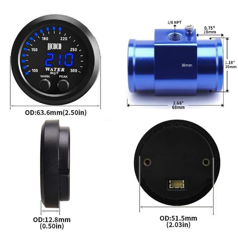 ZHSYMX Universal 52mm Water Temperature Gauge 100-300F(38-150C) Electronic Blue Digital