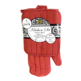 Red 3-Piece Oven Mitt and Potholder Set - Durable, Machine Washable Kitchen Essentials for Home Chefs by Dependable Industries inc. Essentials