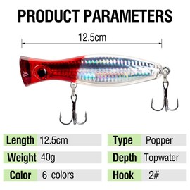 AJHMGJGO 6 Pcs Large Top Water Popper,4.7 in Saltwater Poppers Fishing Lures,3D Eyes with Hooks and Ring for Surf Fishing, Bluefish,Fishing Gt Tuna Kingfish Large Predator Fish (4.7 inches)