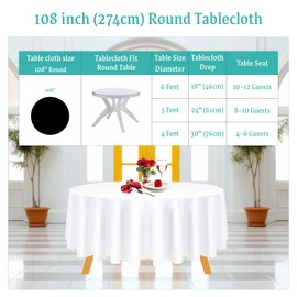Trimming Shop 108" Round Tablecloth Water Resistant Polyester Washable Dining Table Cover Circular Tablecloth for Wedding Birthday Party Events Home Restaurant Anniversary Picnic Banquet, White, 1pc