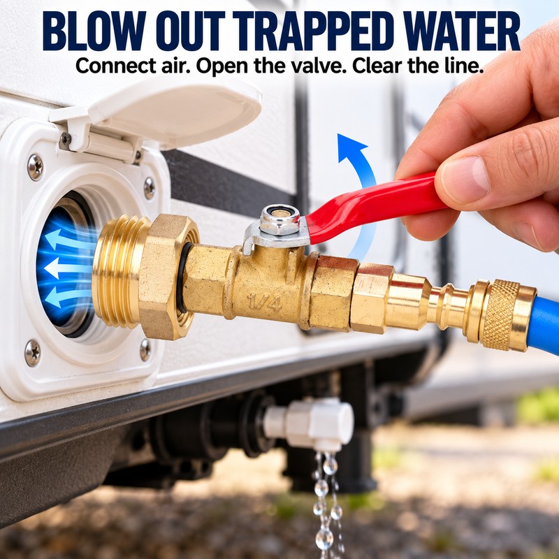 Brass RV Winterizing Blowout Adapter with Shutoff Valve, 1/4 Inch