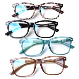 Henotin-Paquete de 4 anteojos de lectura con bloqueo de luz azul para mujeres y hombres, lectores de computadora con bisagra de resorte, anteojos de empollón cuadrados anti rayos UV (paquete de 4 colo