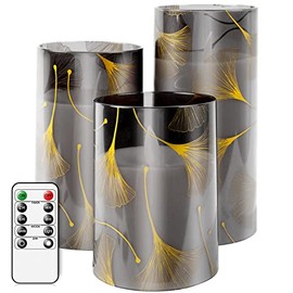 salipt LED Flameless Candles with Remote Timer Set of 3 (D3 xH4 5" 6"), Ginkgo Plexiglass Flicker Blinks Candles,Battery Operated Pillar Candles for Gift Home Party Wedding Christmas Decor