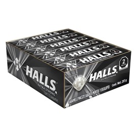 Halls Caramelo macizo XtraStrong sabor Menta y Eucalipto, caja con 12 paquetes de 24.75 gr cada uno