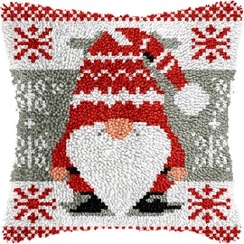 Christmas Gnomes Latch Hook Kits for Adults Kids, Beginners DIY Latch Hook Pillow Kit Pre-Printed Hook and Latch Rug Kits Cross-stitch Embroidery Cushion Cover for Home Sofa Decoration 17x17 in.