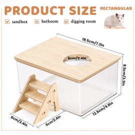 Hamster Sand Bath, Pentagon Hamster Sand Bath Container with Climbing Ladder, Large Acrylic Hamster Dig Box with Wood Cover, Sand Bath for Hamsters Small Animals (Rectangle)