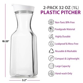 DilaBee Plastic Water Pitcher With Lid - Square Carafe Pitchers for Drinks, Milk, Smoothie, Iced Tea, Mimosa Bar Supplies - BPA-Free - NOT DISHWASHER SAFE (2-Pack, 32 Ounce)