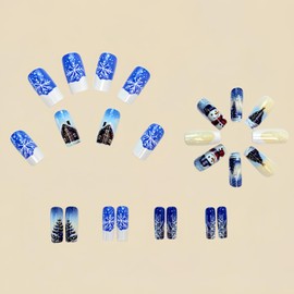 Christmas Press on Nails Medium Square Fake Nails Blue False Nails Cute Snowflake Christmas Tree Artificial Nails Full Cover Glossy Glue on Nails Xmas Stick on Nails Winter Acrylic Nails for Women