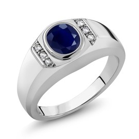 Gem Stone King 1.85 Cttw Blue and White Sapphire Ring For Men | 925 Sterling Silver | Oval 8X6MM | Gemstone Birthstone | Available In Size 7, 8, 9, 10, 11, 12, 13