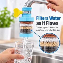 Faucet Water Filter for Kitchen Sink – Compact Clamp-On Tap Filtration Attachment with Filter Media for Home Use