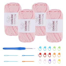FOGAWA Chunky Yarn for Crochet 4x50g Easy Crochet Yarn for Beginners Cotton Yarn Pink Thick Wool for Crafts Amigurumi with 4mm Crochet Hook 4 Plastic Needles 15 Stitch Markers