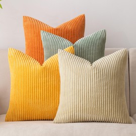 COSIBONO Colorful Corduroy Throw Pillow Covers 18x18 Inches Set of 4 Boho Farmhouse Decorative Pillow Covers with Stripe Accents for Sofa Couch Living Room Stylish Pillows for Modern Bohemian Decor