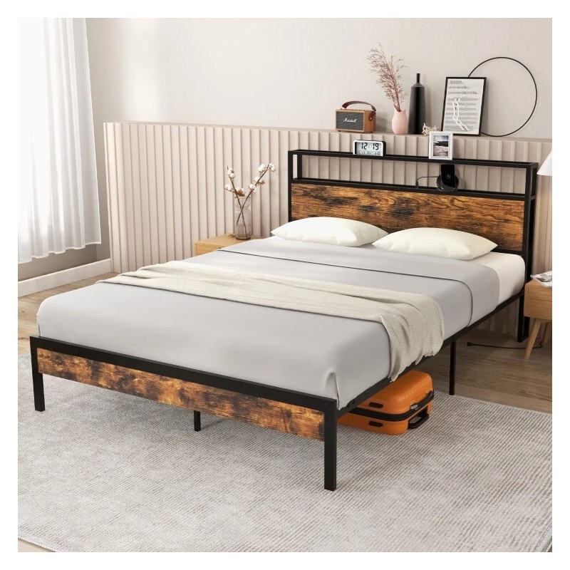 COSTWAY Queen Size Metal Bed Frame w/ Built-in Charging Station