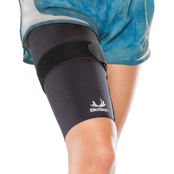 BIOSKIN Medical Grade Compression Thigh Sleeve with Additional, Targeted Compression Cinch Strap to Relieve Pain from Quad and Hamstring Strains and Injuries - Thigh Sleeve with Cinch (M)