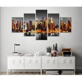 New York Wall Art - Manhattan Skyline at Night Picture Prints for Livingroom Home Office Wall with Framed Ready to Hang 60" W×32" H