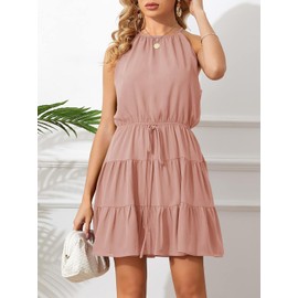 Summer Dresses for Women 2024 Chiffon Sleeveless Tops Halter Ruffle Romper Vacation Beach Sun Flowy Summer Outfits Z-Pink