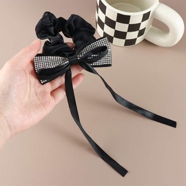 Leadigol 2 Pieces Black Bow Rhinestone Scrunchie,Rhinestone Ponytail Holder, Elastic Hair Ties Ponytail Holders,Bow Hair Ropes Hair Accessories for Women Girls