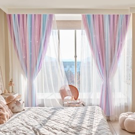 Best Baisite Curtains for Girls Room Blackout Curtains for Kids Rooms Rainbow Curtain Dream Star Princess Curtain for Daughter Bedroom Window(PinkBluePurple,34"x63")
