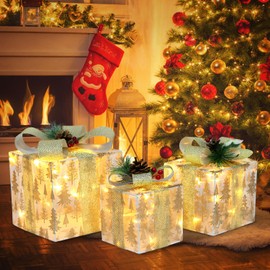 DomKom Set of 3 Nesting Christmas Lighted Gift Boxes - Indoor/Outdoor LED Present Decorations with Metal Frame, Silver Bows & Pinecone Accents - Pre-Lit Holiday Yard & Home Decor