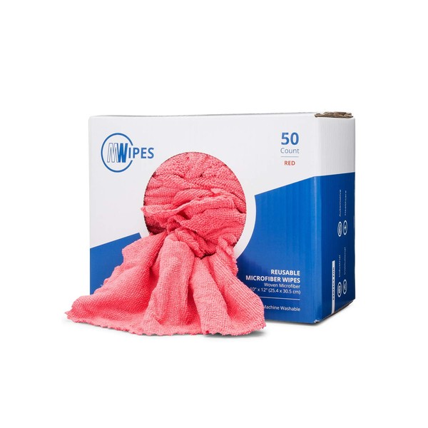 Microfiber Shop Towels | MWipes Reusable Red Shop Rags | 50 Rags in a Box | Super Absorbent, Machine Washable Hundreds of Times | Automotive, Paint, Industrial, Detailing