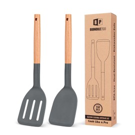 Pack of 2 Silicone Cooking Spatula, Heat Resistant Solid Turner, Non Stick Slotted Spatulas with Wooden Short Handle,Ideal Wood Kitchen Utensils Set for Frying, Baking, Flipping, Turning