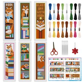 INFUNLY 6 Set Fox Reading Cross Stitch Bookmark Kit DIY Cross Stitch Kit 8"x2.4" Pre-Printed Books Stamped Embroidery Bookmark with Instructions for Beginners Book Lovers Gifts