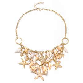 Clearine Bohemian Boho Handmade Simulated Pearls Natural Sea Shell Starfish Collar Bib Statement Chunky Necklace for Women Summer Beach Jewellery Accessories Clear Gold-Tone
