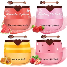 Set De 4 Piezas: Exfoliante Y Mascarilla Labial, Bálsamo Labial De Fresa Y Miel, Reduce Las Líneas De Los Labios, Exfoliante E Hidratante Labial, Bálsamo Y Exfoliante Labial Repair Bee, Masc