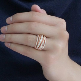 925 Silver Shining White/Rose Gold X Criss Cross Ring Cubic Zirconia Promise Rings CZ Cross Knot Ring 14K Gold Diamond Pave Ring, Multi-Row Design Engagement Wedding Ring for Women (Rose Gold6)