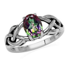 Silvershake 1.44ct. 8X6mm Oval Shape Mystic Fire Topaz 925 Sterling Silver Celtic Knot Solitaire Ring Size 7
