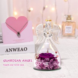 Preserved Flower Rose Gifts in Glass Angel Figurines with Necklace, Mothers Day Rose Gifts for Mom,Birthday Gifts for Women,Mom Gfits,Purple Real Rose Gifts for Grandma,Angel Rose Gifts for Her