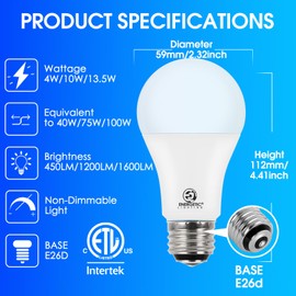 E ENERGETIC LIGHTING 4-Pack 3 Way Light Bulbs 40 75 100W Equivalent, Daylight 5000k 3 Way LED Light Bulb, 450-1200-1600lm A19 LED Bulb, E26 Base Three Way Light Bulbs for Reading, ETL Listed