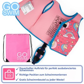 Go Swim Life Jacket - *Includes Free Swim Bag* Kids Swim Jacket with Fixed Buoyancy and Safety Belt (Magical Unicorns, L (19-30kgs))