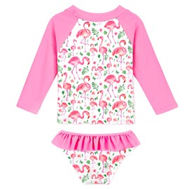 Funnycokid Girls Flamingo Rash Guard Swimsuit Size 8 Long Sleeve Pink Bathing Suits Two Piece Rashguard Swimwear Kids Swim Set 7-8 Years