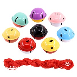 Swpeet 9Pcs Colorful Christmas Jingle Bells Kit,8 Colors Metal Bells Craft with 25m Red Cords Metal Star Cutout Jingle Bells and Craft Bells for Christmas Party Decorations