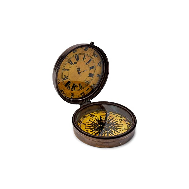 NKlaus Compass with Clock Antique Brass 8 cm Pocket Compass