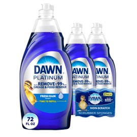 Dawn Dawn Platinum Dish Soap Liquid, Dishwashing Liquid, Grease Removal, Fresh Rain, 3x24oz + Sponge Bundle
