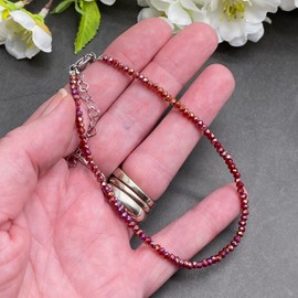 Dark Red Anklet with Faceted 3mm Beads and Heart Extension Chain, Adjustable Size : 9.5-11.5 inches, Ankle Jewellery Gift for Women