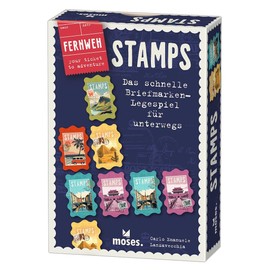 moses. Fernweh Stamps, tactical card game with holiday flair, compact travel game in stamp design for on the go and the next holiday, tile game for adults and children from 8 years