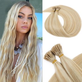 Benehair I Tip Hair Extensions 100% Real Remy Human Hair Extensions 20Inches Straight Remy Stick Tip 1g/s 50g/pack Ash Blonde Mixed Bleach Blonde #18&613 Hair Extensions for Thinning Hair