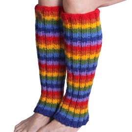 Pachamama Women 100% Wool Legwarmer Handknitted Rainbow Colours Stripe Multicoloured Regular Fit Handmade Extra Warm