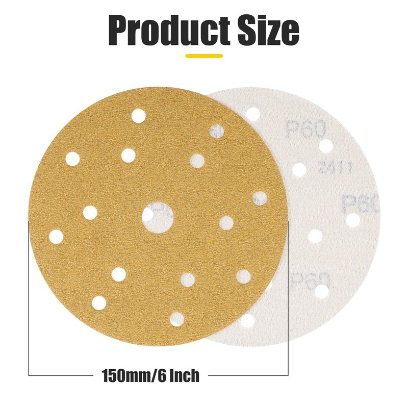 150mm Sanding Discs, 6inch 15-Hole Hook and Loop Sandpaper for