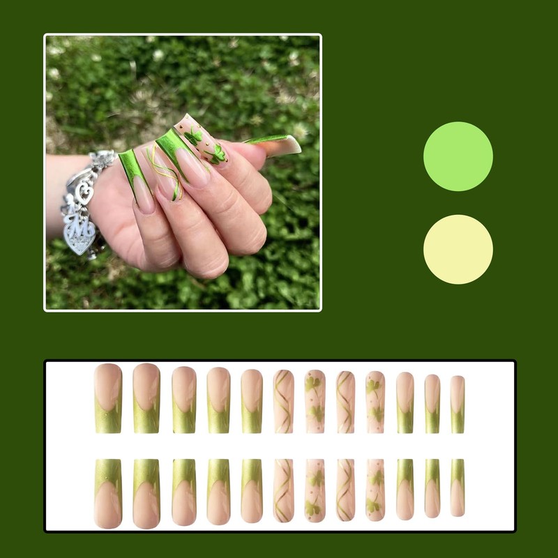 Long Square Press On Nails St.Patrick’s Day Fake Nails Green