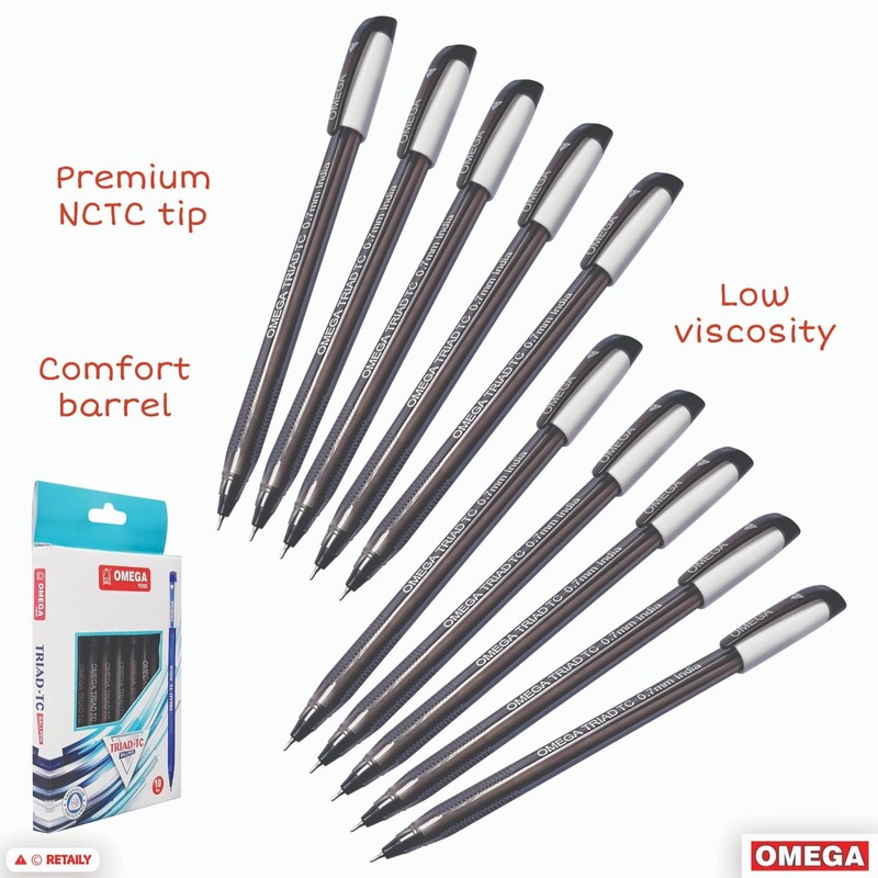OMEGA Triad-TC Ballpoint Pens, BLACK, Fine Point (0.7 mm), Pack