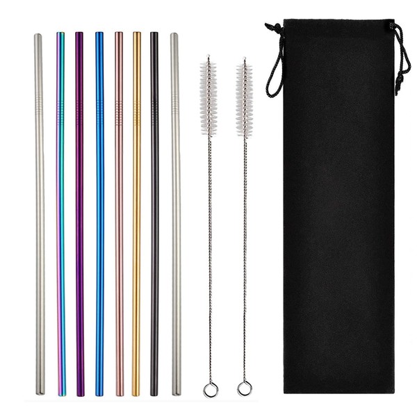 Turbokey Stainless Straws Aluminum Colored Straight Metal Drinking Straws with Case Reusable 8.5 Inch Extra long for 20oz Tumbler Pack of 10 (7 Colors)